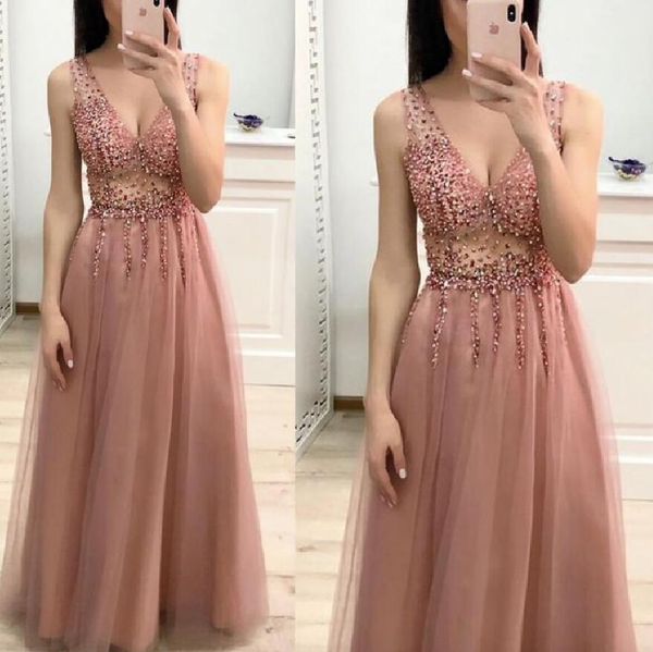 dusty pink 2020 prom dresses illusion v neck crystal beading a line formal evening gowns sleeveless tulle girls party dress, Black
dusty pink 2020 prom dresses illusion v neck crystal beading a line formal evening gowns sleeveless tulle girls party dress, Black