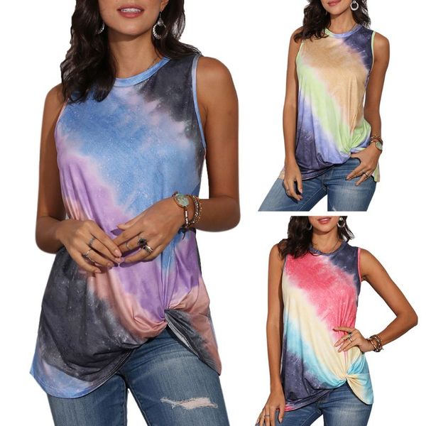 women summer sleeveless tank gradient tie-dye print twisted knot front loose shirt lady casual o-neck asymmetric tunic vest, White
women summer sleeveless tank gradient tie-dye print twisted knot front loose shirt lady casual o-neck asymmetric tunic vest, White