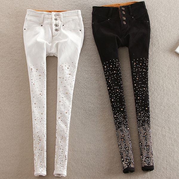 new high waist breasted thick velvet black white diamond rhinestone pants pencil jeans plus size, Blue
new high waist breasted thick velvet black white diamond rhinestone pants pencil jeans plus size, Blue