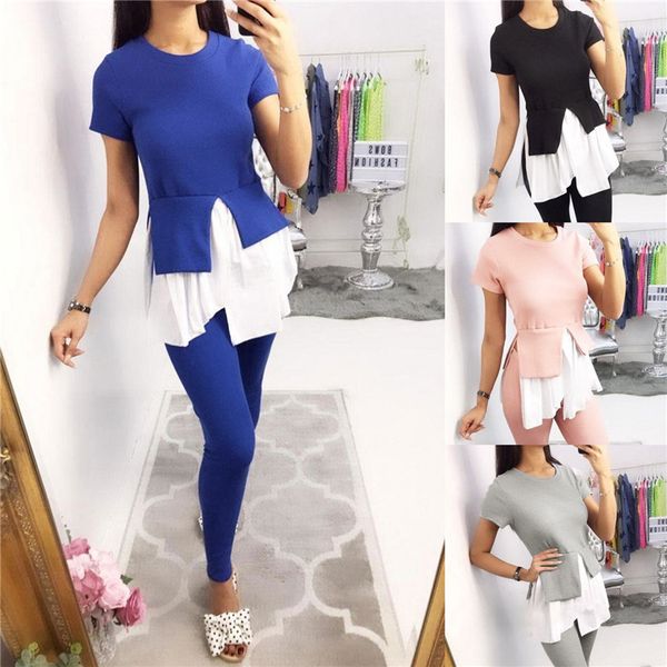 fashion splicing two piece outfits women two piece set summer o-neck short sleeve and elastic waist pencil pants casual sets, White
fashion splicing two piece outfits women two piece set summer o-neck short sleeve and elastic waist pencil pants casual sets, White