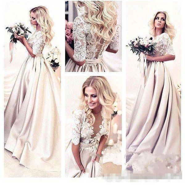 2020 champagne lace applique prom dresses with half sleeves ribbon illusion bodice jewel neck sweep train custom made evening wear, Black
2020 champagne lace applique prom dresses with half sleeves ribbon illusion bodice jewel neck sweep train custom made evening wear, Black