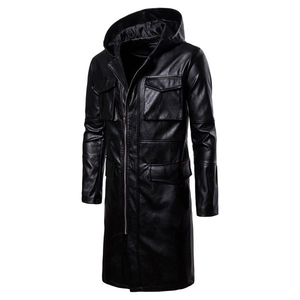men hooded pu leather jacket coats casual slim fit multi pocket motor faux leather long jacket, Black
men hooded pu leather jacket coats casual slim fit multi pocket motor faux leather long jacket, Black