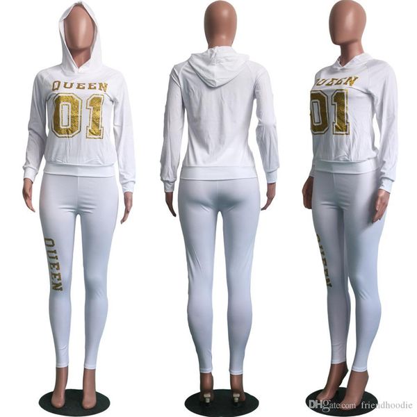women golden letter printed suits casual 2pcs pants solid color clothing hooded sects fashion apparel, White
women golden letter printed suits casual 2pcs pants solid color clothing hooded sects fashion apparel, White