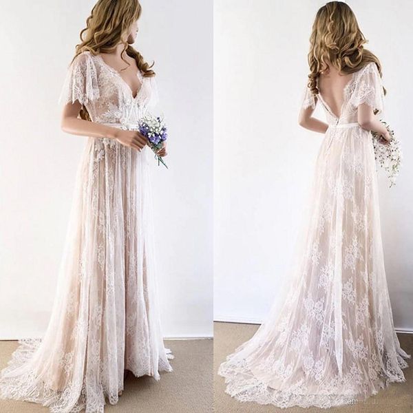 2019 Champagne Country Bohemian Wedding Dresses V neck Short Sleeves Lace Backless Cheap Wedding Bridal Gowns Plus Size
2019 Champagne Country Bohemian Wedding Dresses V neck Short Sleeves Lace Backless Cheap Wedding Bridal Gowns Plus Size