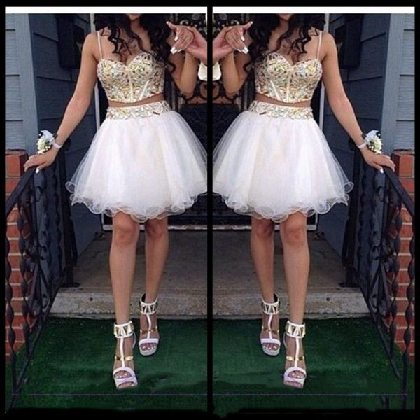 2 piece ball gown homecoming dresses with gold beaded straps tulle white short prom dress sweet 16 gown, White;black
2 piece ball gown homecoming dresses with gold beaded straps tulle white short prom dress sweet 16 gown, White;black