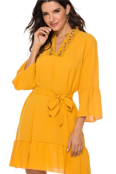 2019 autumn a-shaped dress female casual yellow loose women's long-sleeved embroidery v-neck bow chiffon dress new, Black;gray
2019 autumn a-shaped dress female casual yellow loose women's long-sleeved embroidery v-neck bow chiffon dress new, Black;gray