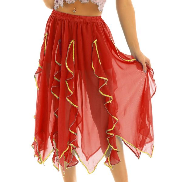 tiaobug women ruffled gold trim elastic waistband stage performance asymmetrical chiffon maxi tribal belly dance skirt costumes, Black;red
tiaobug women ruffled gold trim elastic waistband stage performance asymmetrical chiffon maxi tribal belly dance skirt costumes, Black;red