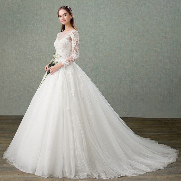 tulle wedding dresses with lace appliques fashion long sleeves bridal gowns open back bride dress sweep train, White
tulle wedding dresses with lace appliques fashion long sleeves bridal gowns open back bride dress sweep train, White