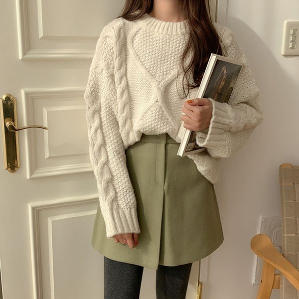 women's sweaters 2021 korean loose style solid color retro braided twist long sleeve streetwear women knitting crewneck insert sweater, White;black
women's sweaters 2021 korean loose style solid color retro braided twist long sleeve streetwear women knitting crewneck insert sweater, White;black