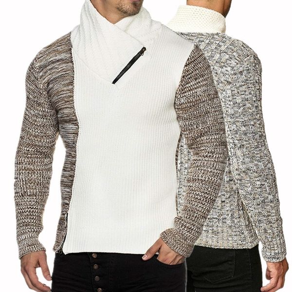 men's knit sweater with scarf collar slim zip hoodie sweater hip hop streetwear long sleeve casual man's sweaters, White;black
men's knit sweater with scarf collar slim zip hoodie sweater hip hop streetwear long sleeve casual man's sweaters, White;black