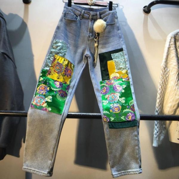 new fashion spring autumn stitching embroidered satin high waist straight jeans women's pants retro denim pants, Blue
new fashion spring autumn stitching embroidered satin high waist straight jeans women's pants retro denim pants, Blue