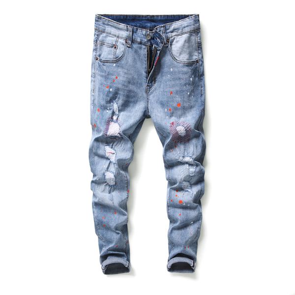 2020 original design new european and american style hole patch paint splash elastic skinny jeans trendy men's men's pants size 28, Blue
2020 original design new european and american style hole patch paint splash elastic skinny jeans trendy men's men's pants size 28, Blue