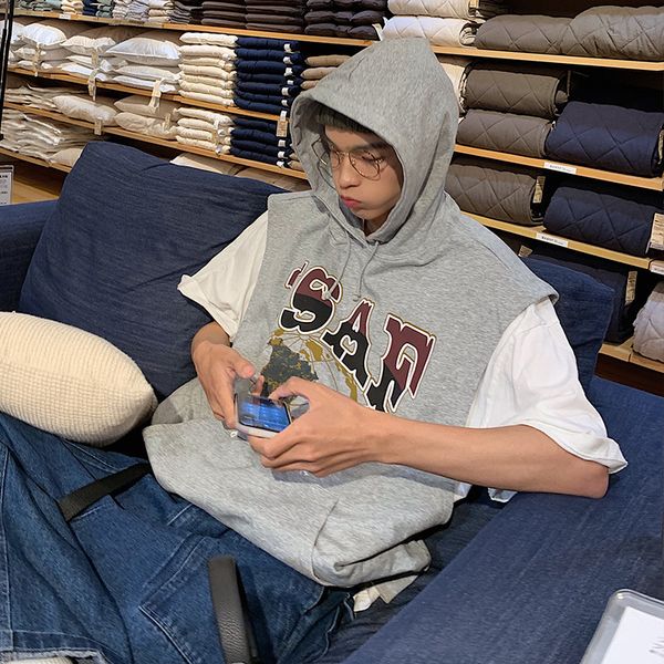 2019 spring and autumn new original design bf wind loose pullover men's sleeveless hooded printed sweatshirt gray / navy blue, Black
2019 spring and autumn new original design bf wind loose pullover men's sleeveless hooded printed sweatshirt gray / navy blue, Black