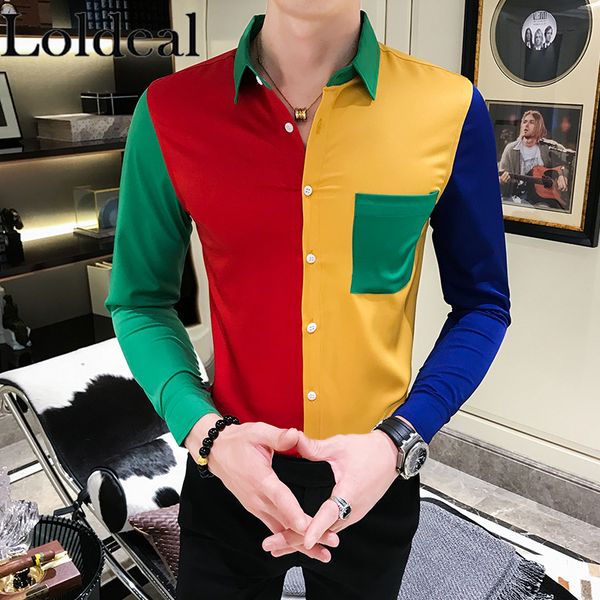 loldeal red yellow patchwork color tuxedo shirt streetwear mens casual shirts slim fit front pocket blouse, White;black
loldeal red yellow patchwork color tuxedo shirt streetwear mens casual shirts slim fit front pocket blouse, White;black