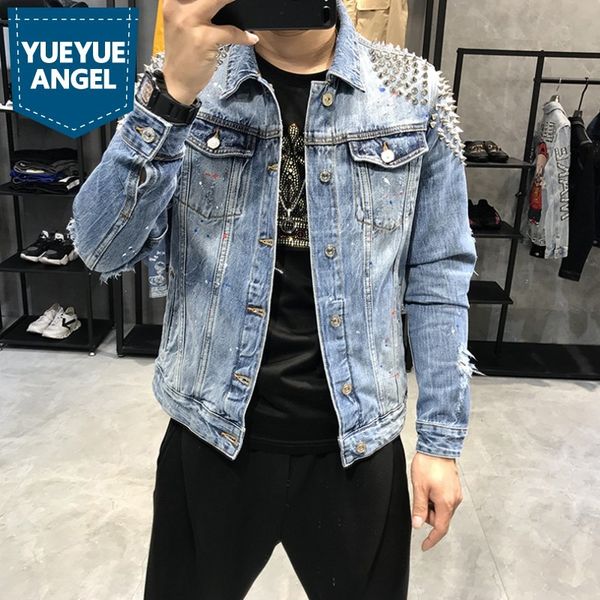 rivet lapel hole ripped male denim jackets fashion punk style single breasted slim mens outwear coats plus size, Black;brown
rivet lapel hole ripped male denim jackets fashion punk style single breasted slim mens outwear coats plus size, Black;brown