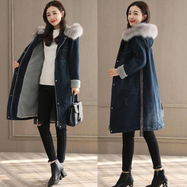 harajuku women denim parka feminino 2018 new winter warm wool liner winter jacket ladies meidum long hooded faux fur collar coat, Black
harajuku women denim parka feminino 2018 new winter warm wool liner winter jacket ladies meidum long hooded faux fur collar coat, Black