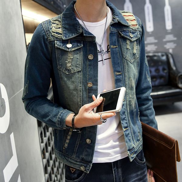 with holes jeans coat men's korean-style jacket teenager fashion-denim top, Black;brown
with holes jeans coat men's korean-style jacket teenager fashion-denim top, Black;brown