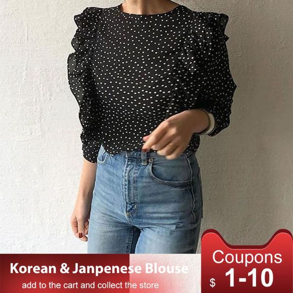 women's blouses & shirts korean chiffon blouse women 2021 autumn long sleeve o-neck black polka dots falbala office lady elgant causal, White
women's blouses & shirts korean chiffon blouse women 2021 autumn long sleeve o-neck black polka dots falbala office lady elgant causal, White