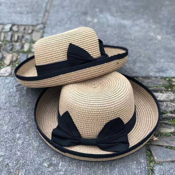 

women black bow straw sun hats dome collapsible summer beach hat khaki casual holiday caps ladies sun protection 56-58cm, Blue;gray