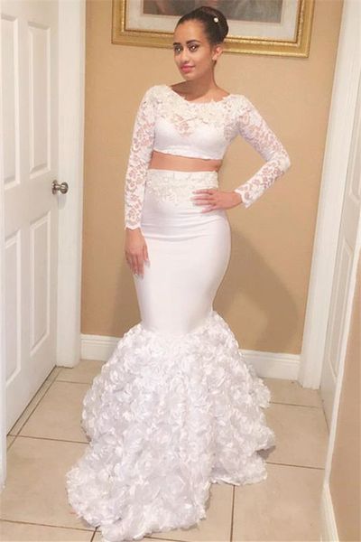 Sexy White Two Pieces Lace Prom Dresses Long Sleeves Jewel Neck Rose Flower Mermaid Evening Dresses Black Girl Party Gowns Custom Size
Sexy White Two Pieces Lace Prom Dresses Long Sleeves Jewel Neck Rose Flower Mermaid Evening Dresses Black Girl Party Gowns Custom Size