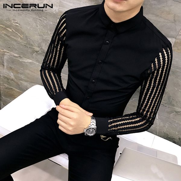 incerun men solid color lapel long sleeve lace patchwork dress shirt korean fashion clubwear party slim shirt casual mens blouse, White;black
incerun men solid color lapel long sleeve lace patchwork dress shirt korean fashion clubwear party slim shirt casual mens blouse, White;black