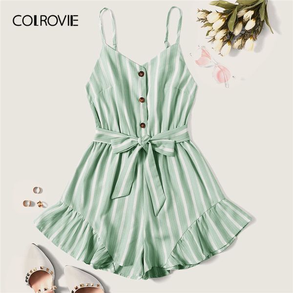 colrovie plus size green striped ruffle hem spaghetti strap playsuits women summer sleeveless button beach wear belted romper, Black;white
colrovie plus size green striped ruffle hem spaghetti strap playsuits women summer sleeveless button beach wear belted romper, Black;white