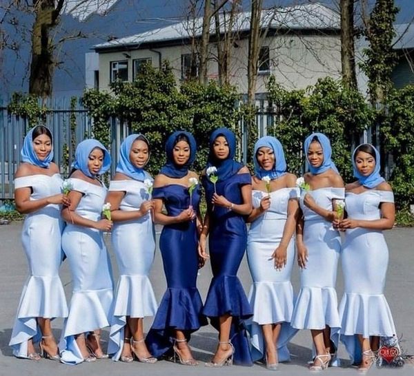 elegant african high low mermaid bridesmaid dresses off-shoulder light blue satin long maid of honor wedding prom dress, White;pink
elegant african high low mermaid bridesmaid dresses off-shoulder light blue satin long maid of honor wedding prom dress, White;pink
