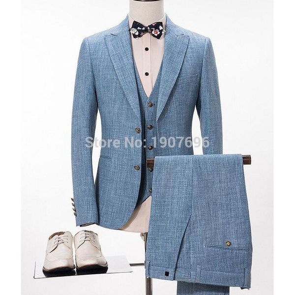 light sky blue linen suits men for wedding prom tuxedos 3 piece peaked lapel slim fit man groom suits jacket pants waistcoat, White;black
light sky blue linen suits men for wedding prom tuxedos 3 piece peaked lapel slim fit man groom suits jacket pants waistcoat, White;black