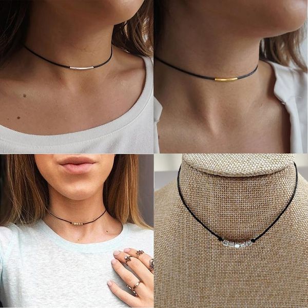 choker necklace simple style black color string rope through plastic square cube or metal tube gold silver color plated women accessory, Golden;silver
choker necklace simple style black color string rope through plastic square cube or metal tube gold silver color plated women accessory, Golden;silver