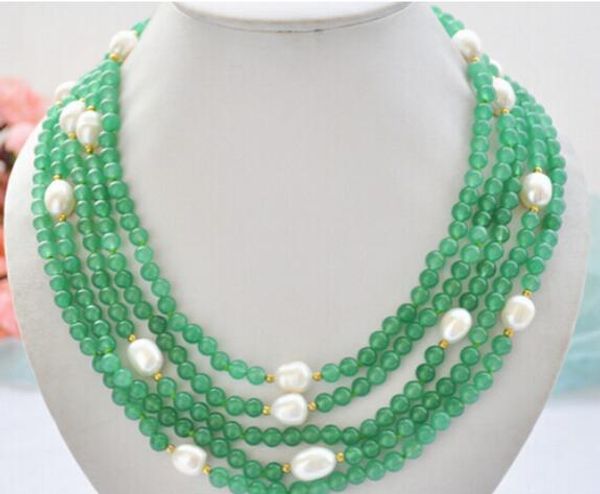 + 5row 6mm round green jade 1 rice white freshwater pearl necklace, Silver
+ 5row 6mm round green jade 1 rice white freshwater pearl necklace, Silver
