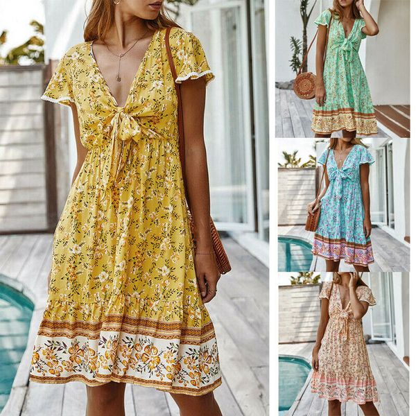 women dress deep v-neck dresses fashion summer short sleeve front bow bohemian boho beach green chic floral printed dresses, Black;gray
women dress deep v-neck dresses fashion summer short sleeve front bow bohemian boho beach green chic floral printed dresses, Black;gray
