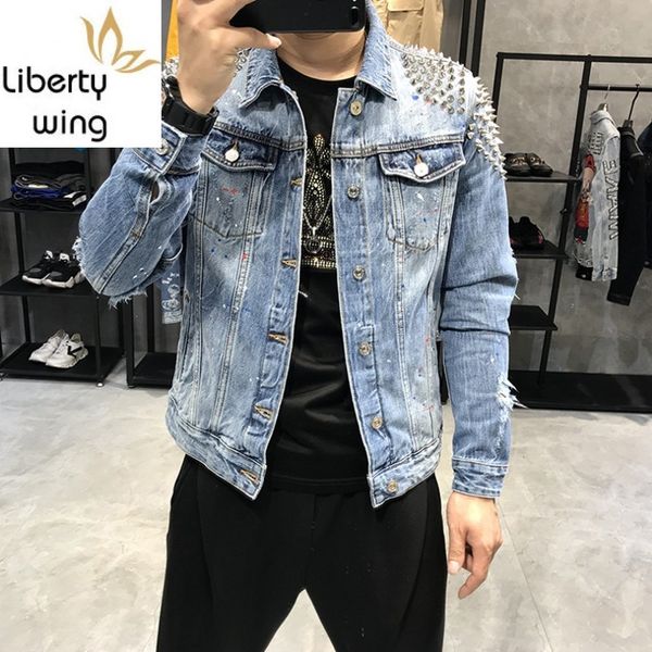 rivet lapel hole ripped male denim jackets fashion punk style single breasted slim mens outwear coats plus size, Black;brown
rivet lapel hole ripped male denim jackets fashion punk style single breasted slim mens outwear coats plus size, Black;brown