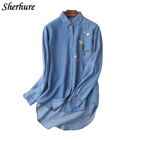 2018 spring women denim long shirts bead print long sleeve turn down collar women shirts blusa femme blouse loose, White
2018 spring women denim long shirts bead print long sleeve turn down collar women shirts blusa femme blouse loose, White