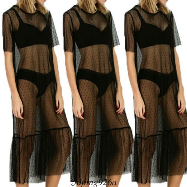 

New Sheer Mesh Maxi Dress Women Short Sleeve Sequin Polka Dot Dresses Black Perspective Sundress Summer High Waist Beach Dress