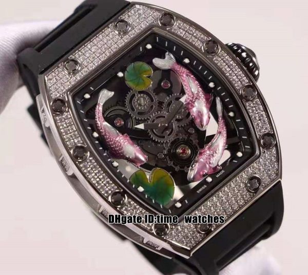 new silver diamond case skeleton dial 57-01 3d brocade carp totem dial miyota automatic mens watch black rubber strap gents sportwatches, Slivery;brown
new silver diamond case skeleton dial 57-01 3d brocade carp totem dial miyota automatic mens watch black rubber strap gents sportwatches, Slivery;brown