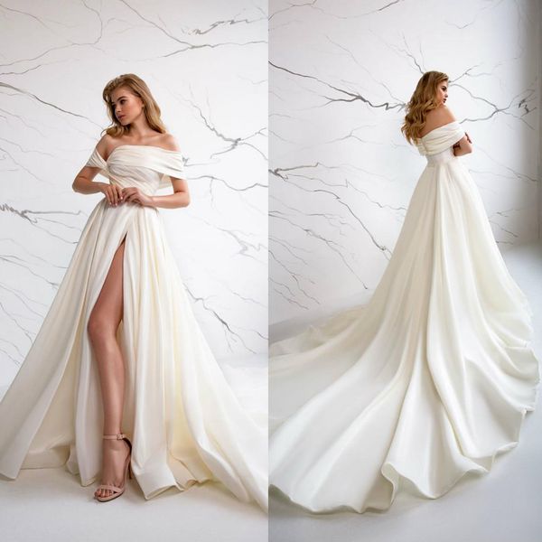 plus size eva lendel a-line wedding dresses off shoulder high side split bridal gowns backless sweep train wedding dress vestidos, White 
plus size eva lendel a-line wedding dresses off shoulder high side split bridal gowns backless sweep train wedding dress vestidos, White