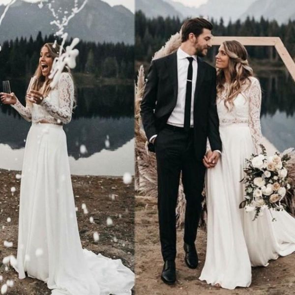 2020 beach wedding dresses two piece lace applique chiffon sweep train jewel neck summer custom made wedding gown robe de mariée, White
2020 beach wedding dresses two piece lace applique chiffon sweep train jewel neck summer custom made wedding gown robe de mariée, White