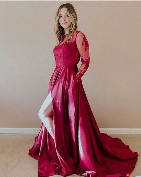 high split prom dress evening gowns long sleeves lace illusion designer bateau sheer neck with pockets pleated satin, Black
high split prom dress evening gowns long sleeves lace illusion designer bateau sheer neck with pockets pleated satin, Black