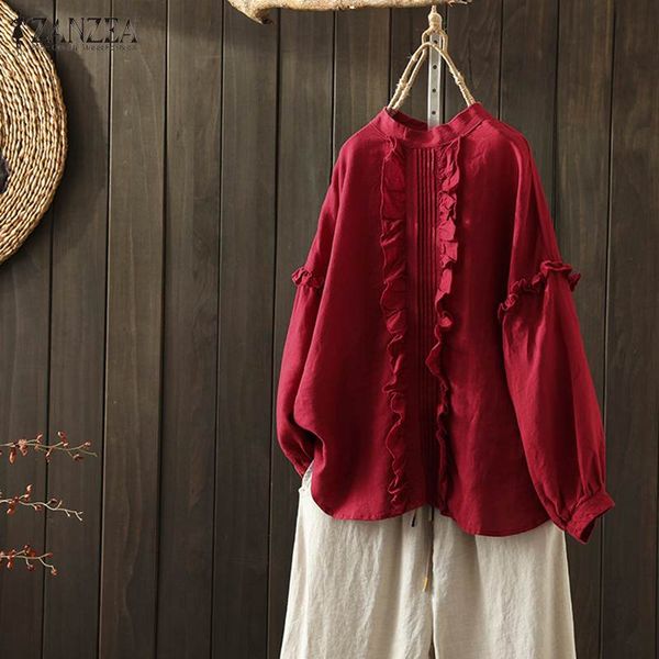 

spring elegant ruffle blouse zanzea fashion solid flounce shirt women casual long sleeve cotton pleated tunic blusas female, White