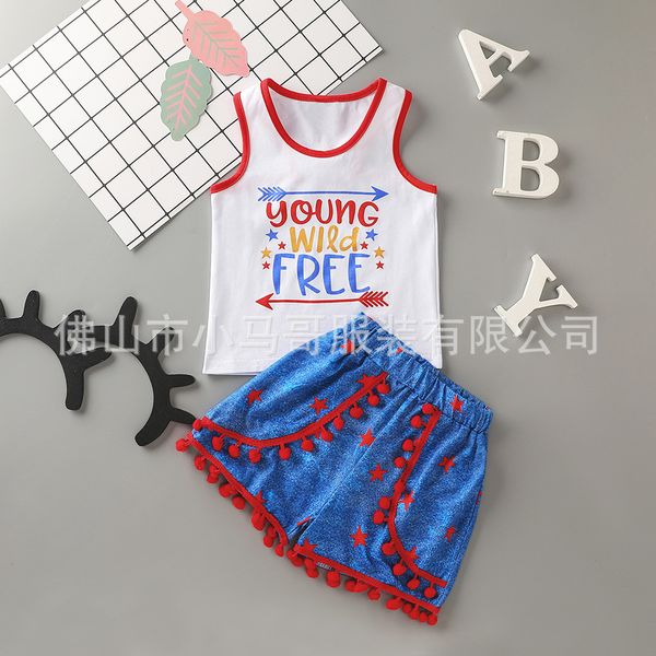 kids toddler girls independence day outfits tank + tassel pompom ball short pant headband 3pcs set, White 
kids toddler girls independence day outfits tank + tassel pompom ball short pant headband 3pcs set, White