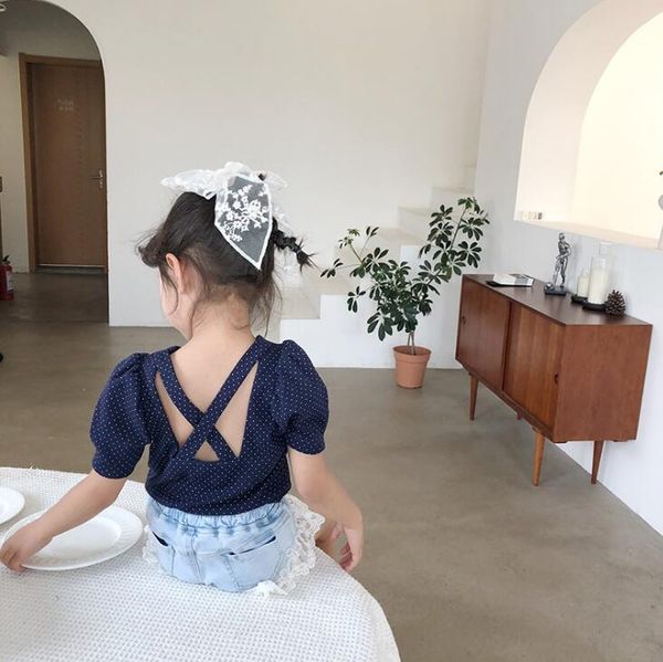 2020 new girls dots backless t-shirt summer fashion cotton girls 1-7t qh127, Blue