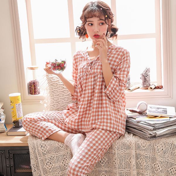summer plaid half sleeve v-neck home clothing women pajamas suit cotton sleepwear pyjamas set ladies printed nightwear, Blue;gray
summer plaid half sleeve v-neck home clothing women pajamas suit cotton sleepwear pyjamas set ladies printed nightwear, Blue;gray