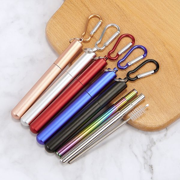 

portable collapsible reusable straws telescopic stainless steel metal travel straw drinking with case cleaning brush and keychain