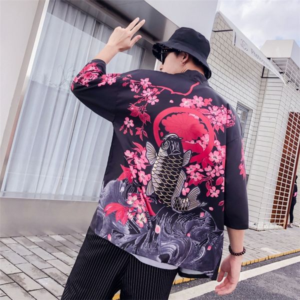 national style ukiyo printed cardigan robe men's seven-point sleeve carp cherry blossom national shirt shirt thin kimono, White;black
national style ukiyo printed cardigan robe men's seven-point sleeve carp cherry blossom national shirt shirt thin kimono, White;black