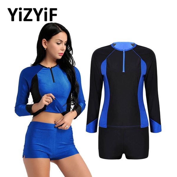 two pieces swimsuits women swimwear surfing outfit beach zippered crewneck long sleeve colorblock rashguard with short pants, White;black
two pieces swimsuits women swimwear surfing outfit beach zippered crewneck long sleeve colorblock rashguard with short pants, White;black