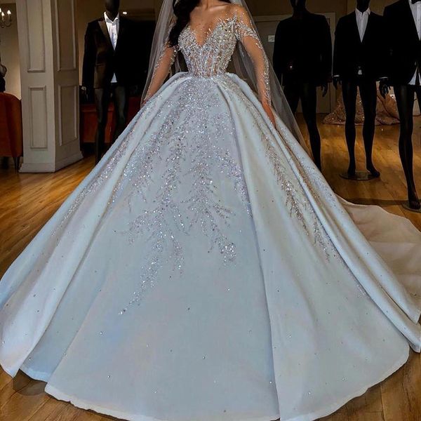 luxurious sparkly african wedding dresses sheer neck long sleeves bridal dresses beaded sequins satin wedding gowns, White
luxurious sparkly african wedding dresses sheer neck long sleeves bridal dresses beaded sequins satin wedding gowns, White