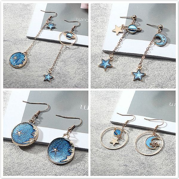 

2019 new fashion stud earrings lovely simple blue / the moon / starry sky long section asymmetric pendant for ladies gift, Golden;silver