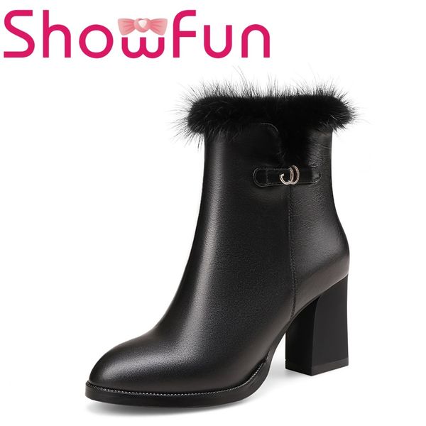 showfun genuine leather shoes woman winter solid mid-calf pointed toe zipper short plush square heel boots, Black
showfun genuine leather shoes woman winter solid mid-calf pointed toe zipper short plush square heel boots, Black