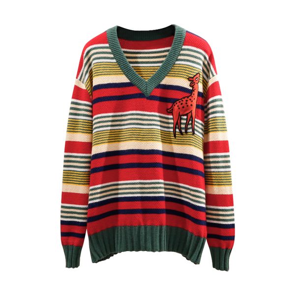 women's autumn winter 2019 new rainbow striped loose full sweater women's deer embroidery v-neck sweater pullover sweaters ml226, White;black
women's autumn winter 2019 new rainbow striped loose full sweater women's deer embroidery v-neck sweater pullover sweaters ml226, White;black