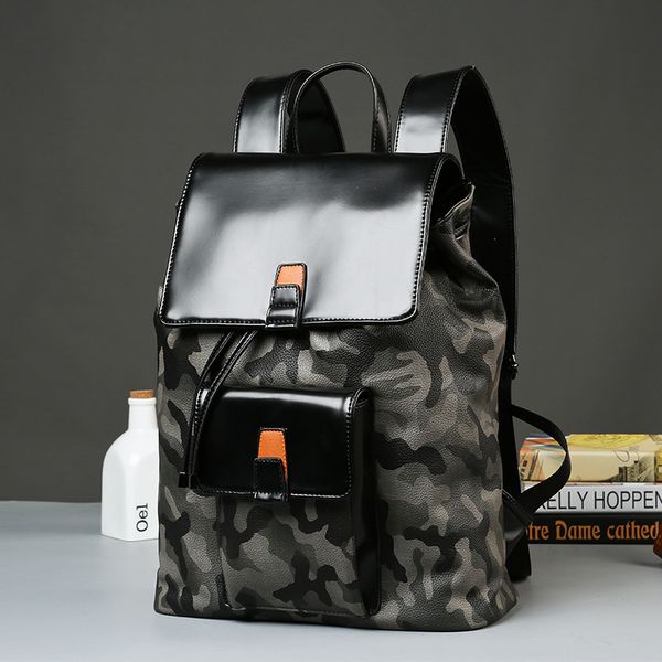 camouflage backpack men's leather trend flip with backpack student bag trend bag